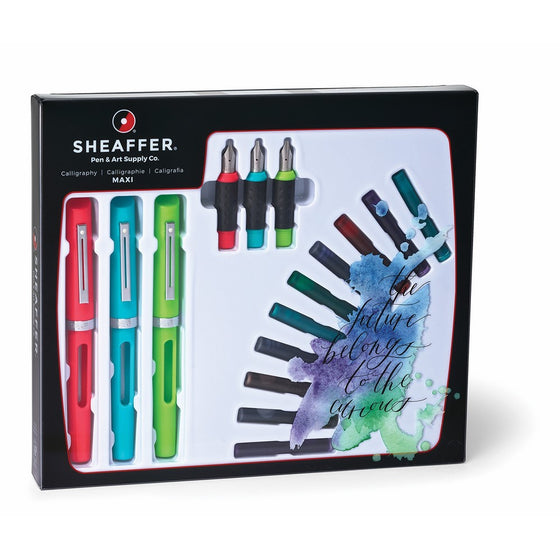 Sheaffer Calligraphy Maxi Kit with 3 Viewpoint Fountain Pens, 3 Nib Sizes, 20 Ink Cartridges in 8 Colors, an Instruction Booklet and a Tracing Pad (83404)