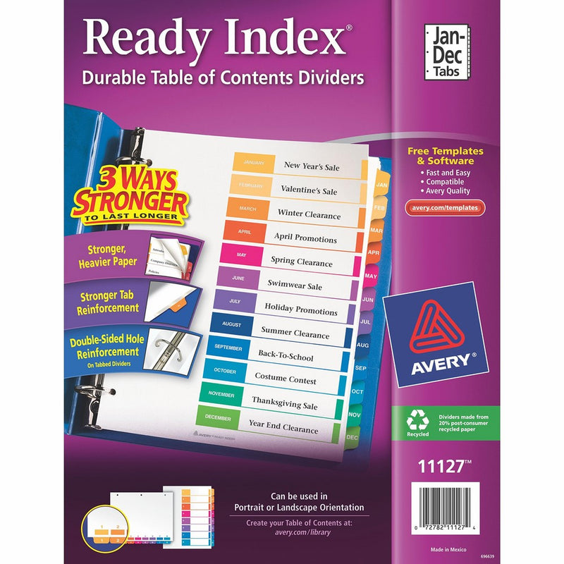 Avery Customizable Table of Contents Dividers, 12-Tab Set, Multicolor (11127)