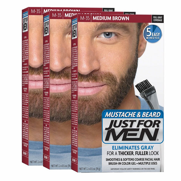 Just For Men Mustache & Beard Brush-In Color Gel, Medium Brown (Pack of 3)