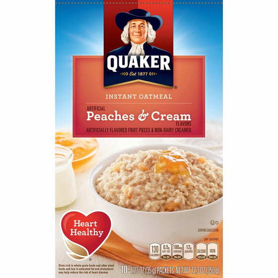 Quaker Instant Oatmeal, Peaches & Cream, Breakfast Cereal, 10 (1.23 Oz) Packets Per Box (Pack of 4)