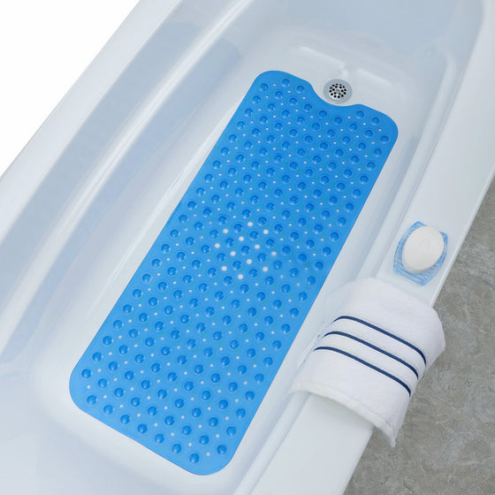 SlipX Solutions Blue Extra Long Bath Mat Adds Non-Slip Traction to Tubs & Showers - 30% Longer than Standard Mats! (200 Suction Cups, 39" Long - Extended Coverage, Machine Washable)