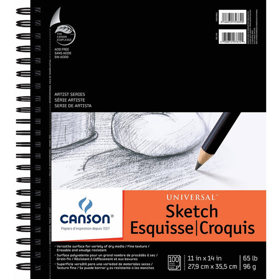 Canson Artist Series Universal Paper Sketch Pad, for Pencil and Charcoal, Micro-Perforated, Side Wire Bound, 65 Pound, 11 x 14 Inch, 100 Sheets