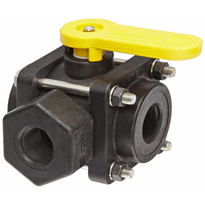 Banjo V075SL Polypropylene Side Load Ball Valve, Three Piece, Three Way, Full Port, 3/4" NPT Female