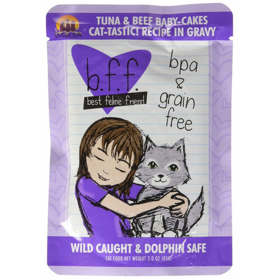 Weruva Best Feline Friend (B.F.F.) Tuna & Beef Baby Cakes with Tuna & Beef in Gravy Cat Food by, 3oz Pouch (Pack of 12)