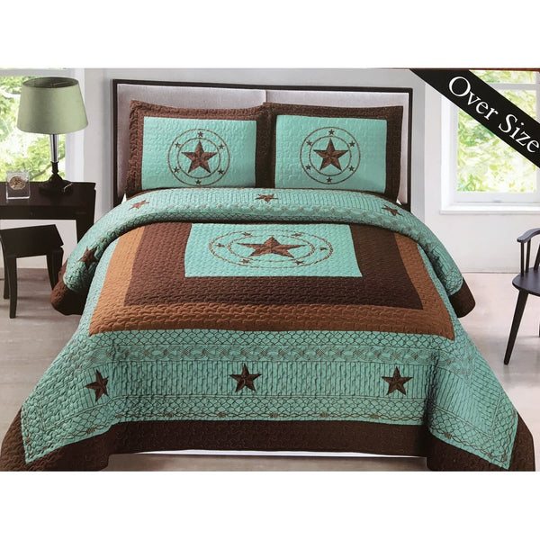 Western Star Barbed Wire King Size Quilt and Shams 3pc Set Turquoise Blue