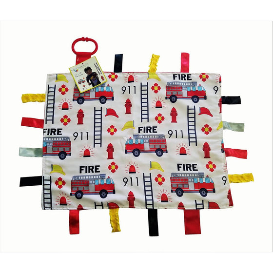 Baby Sensory, Security & Teething Closed Ribbon Tag Lovey Blanket with Minky Dot Fabric: 14”X18” (Fire and Rescue)