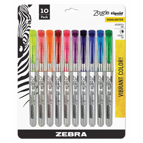 Zebra Zazzle Liquid Ink Highlighter, Chisel Tip, Assorted Colors, 10-Count