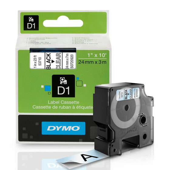 DYMO Standard D1 53710 Labeling Tape (Black Print on Clear Tape, 1'' W x 23' L, 1 Cartridge)