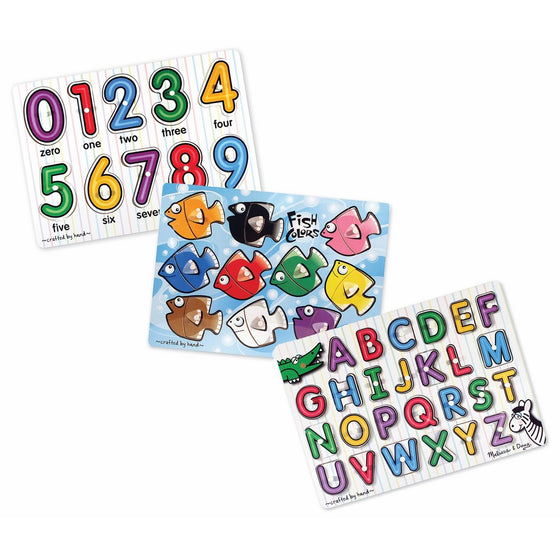 Melissa & Doug Classic Wooden Peg Puzzles (Set of 3) - Numbers, Alphabet, and Colors
