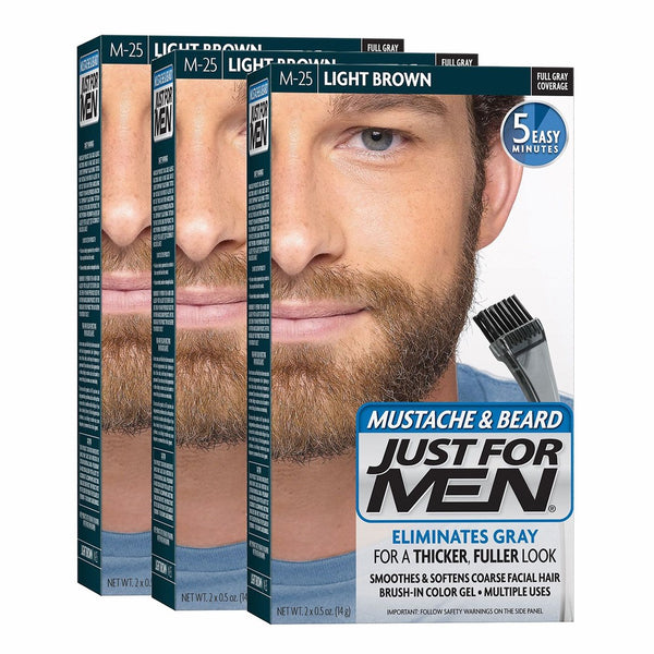 Just For Men Mustache & Beard Brush-In Color Gel, Light Brown (Pack of 3)