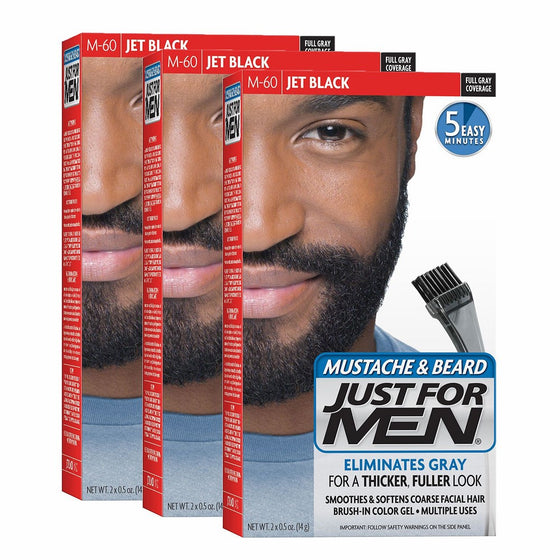 Just For Men Mustache & Beard Brush-In Color Gel, Jet Black (Pack of 3, Packaging May Vary)