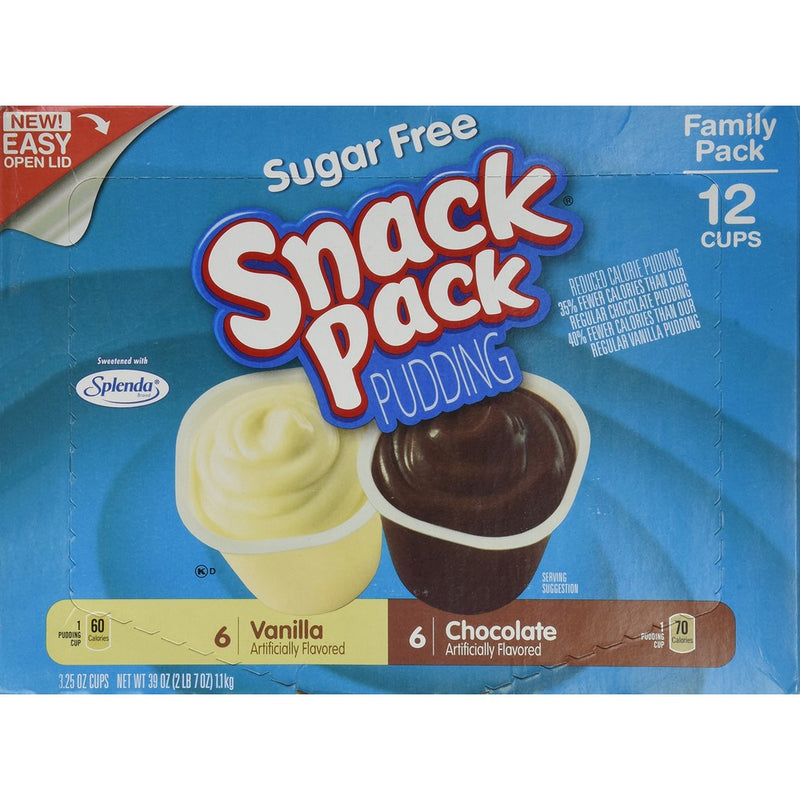 Sugar Free Snack Pack Pudding with Splenda - 1 Box of 12 - 6 Chocolate and 6 Vanilla