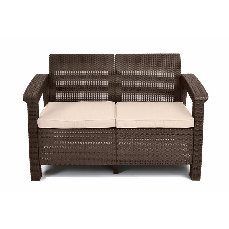 Keter Corfu Love Seat All Weather Outdoor Patio Garden Furniture w/Cushions, Brown