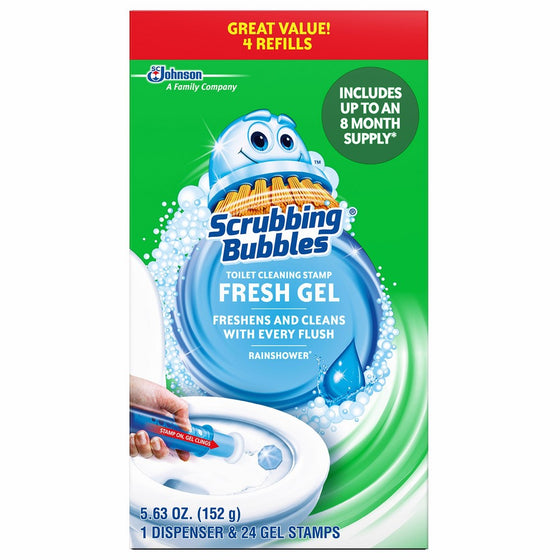 Scrubbing Bubbles Fresh Gel Toilet Cleaning Stamp, Rainshower, Dispenser with 4 Refills