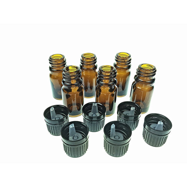 5 Ml Amber Glass Bottle W/euro Dropper. Black Cap. 6 Pack