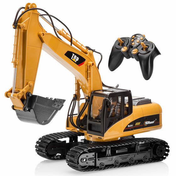Top Race 15 Channel Full Functional Remote Control Excavator Construction Tractor, Excavator Toy with 2.4Ghz Transmitter and Metal Shovel – TR 211