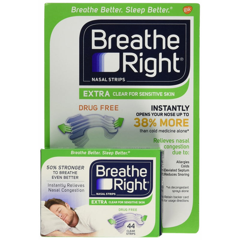 Breathe Right Extra Clear Nasal Strips Drug Free Sensitive (44 Extra Clear Strips (Sensitive Skin))