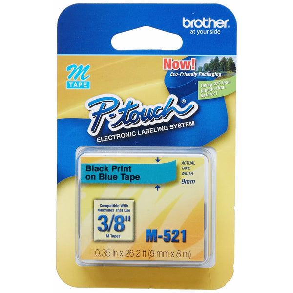 Brother 3/8 Inch x 26.2 Feet Black on Metallic Blue for P-Touch (M521) - Retail Packaging