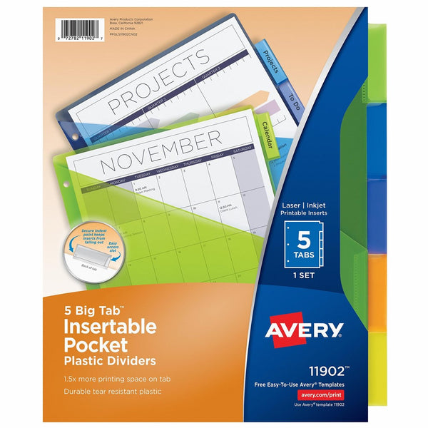 Avery Big Tab Insertable Plastic Dividers with Pockets, 5 Multicolor Tabs, 1 Set (11902)