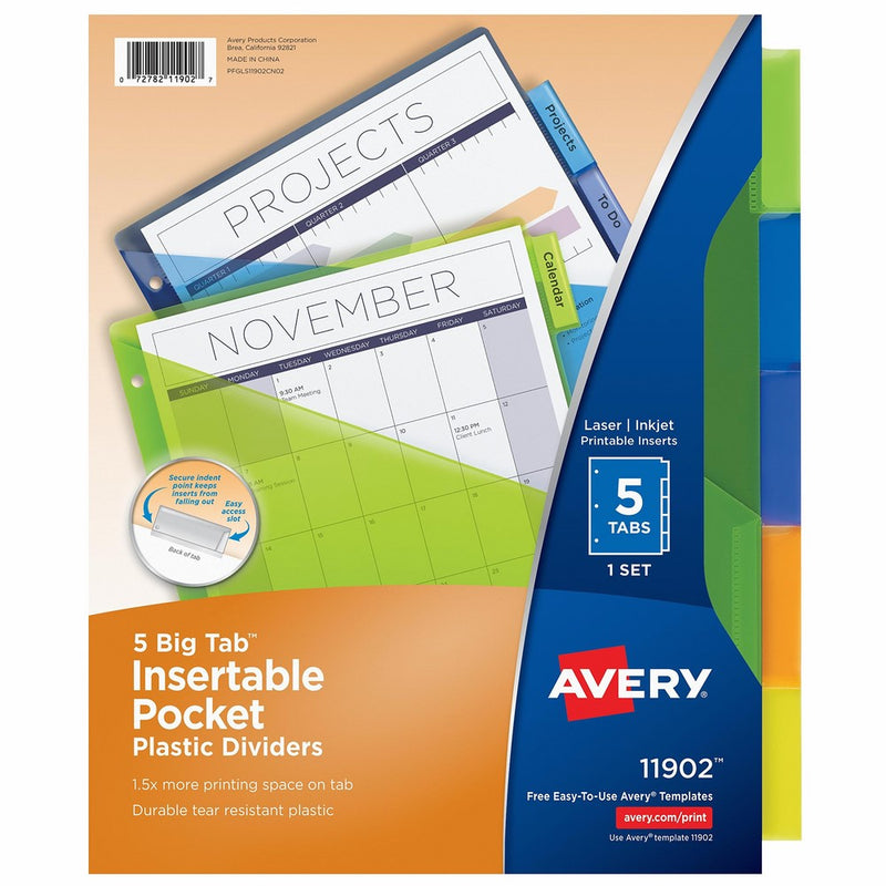 Avery Big Tab Insertable Plastic Dividers with Pockets, 5 Multicolor Tabs, 1 Set (11902)