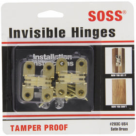 SOSS Mortise Mount Invisible Hinges with 4 Holes, Zinc, Satin Brass Finish, 1-3/4" Leaf Height, 1/2" Leaf Width, 23/32" Leaf Thickness, #6 x 1" Screw Size (1 Pair)