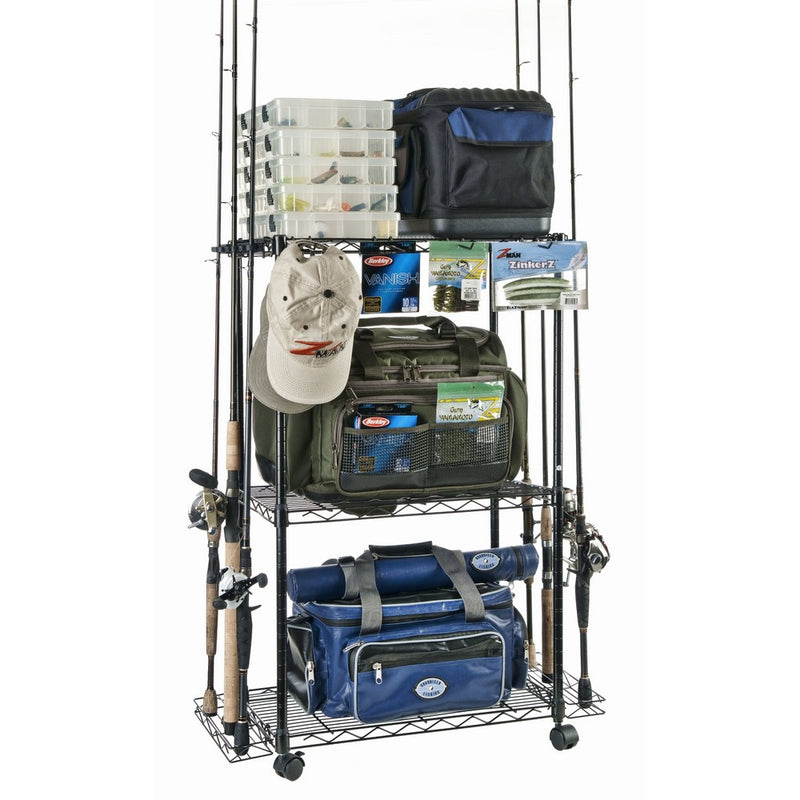 Organized Fishing Adjustable 3-Shelf Rolling Tackle Trolley for Fishing Tackle Storage, Holds up to 12 Fishing Rods, WFR-012