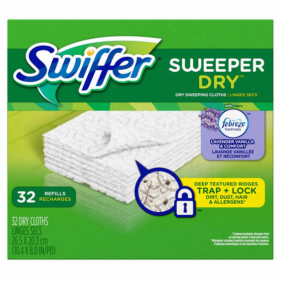 Swiffer Sweeper Dry Sweeping Pad Refills with Febreze Lavender Vanilla & Comfort Scent, 32 Count