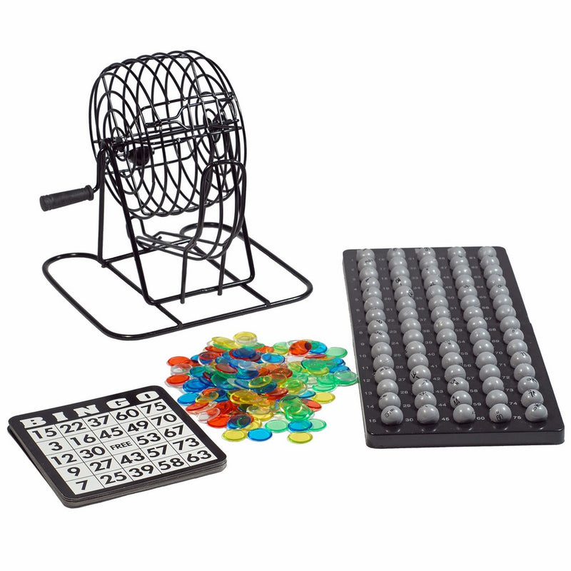 WE Games Grand Bingo Set with 8" Black Metal Cage, Plastic Balls and Holders, Reusable Cards and Plastic Markers