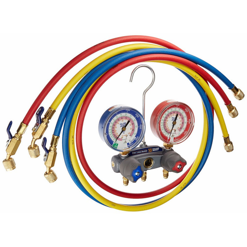 Yellow Jacket 49868 Titan 2-Valve Test and Charging Manifold degrees F, psi Scale, R-22/404A/410A Refrigerant, Red/Blue Gauges