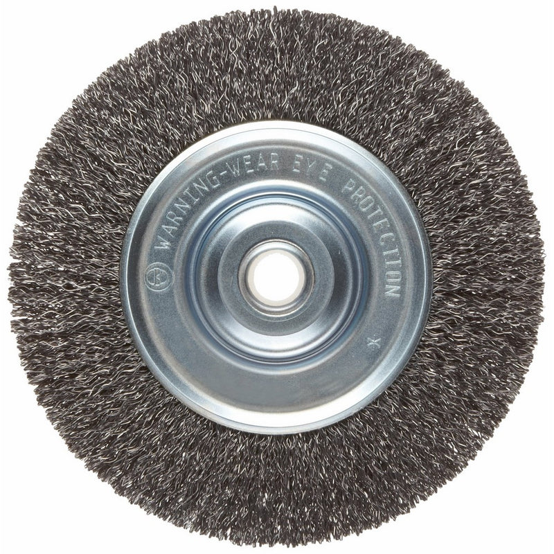 Weiler Vortec Pro Medium Face Wire Wheel Brush, Round Hole, Carbon Steel, Crimped Wire, 6" Diameter, 0.014" Wire Diameter, 5/8-1/2" Arbor, 1-7/16" Bristle Length, 3/4" Brush Face Width, 6000 rpm