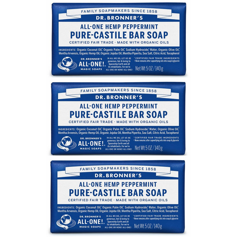 Dr. Bronner's Pure-Castile Bar Soap - Peppermint 5oz. (Pack of 3)