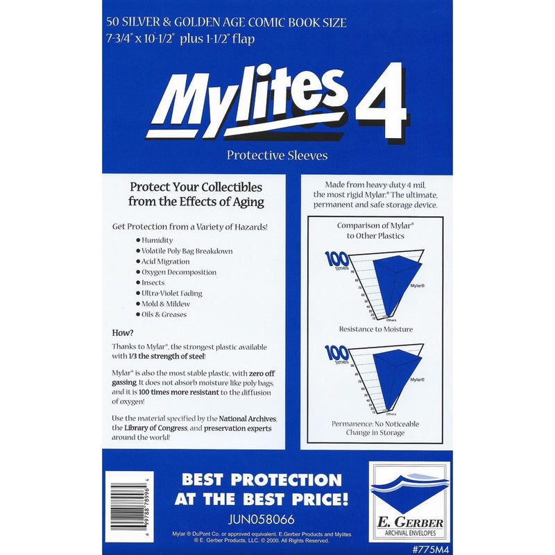 Mylites Heavy Duty 4 mil Comic Book Silver & Golden Age Size 7-3/4" x 10-1/2" Plus 1-1/2" Flap Pack of 50