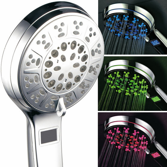 HotelSpa All Chrome 5 Setting LED/LCD Handheld Shower-Head with Lighted LCD Temperature Display by Top Brand Manufacturer! Color of LED lights changes automatically according to water temperature