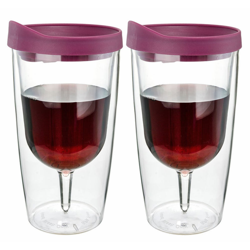 Southern Homewares Wine Tumbler - 10oz Insulated Vino Double Wall Acrylic With Merlot Red Drink Through Lid - Wine 2Go!, Set of 2