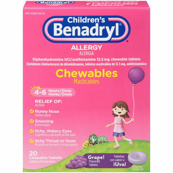 Children's Benadryl Allergy Chewables with Diphenhydramine HCl Antihistamine, Grape Flavor, 20 ct