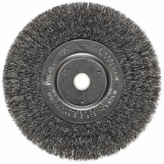 Weiler Trulock Narrow Face Wire Wheel Brush, Round Hole, Steel, Crimped Wire, 6" Diameter, 0.008" Wire Diameter, 5/8-1/2" Arbor, 1-7/16" Bristle Length, 3/4" Brush Face Width, 6000 rpm