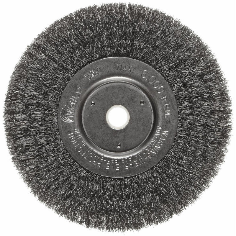 Weiler Trulock Narrow Face Wire Wheel Brush, Round Hole, Steel, Crimped Wire, 6" Diameter, 0.008" Wire Diameter, 5/8-1/2" Arbor, 1-7/16" Bristle Length, 3/4" Brush Face Width, 6000 rpm