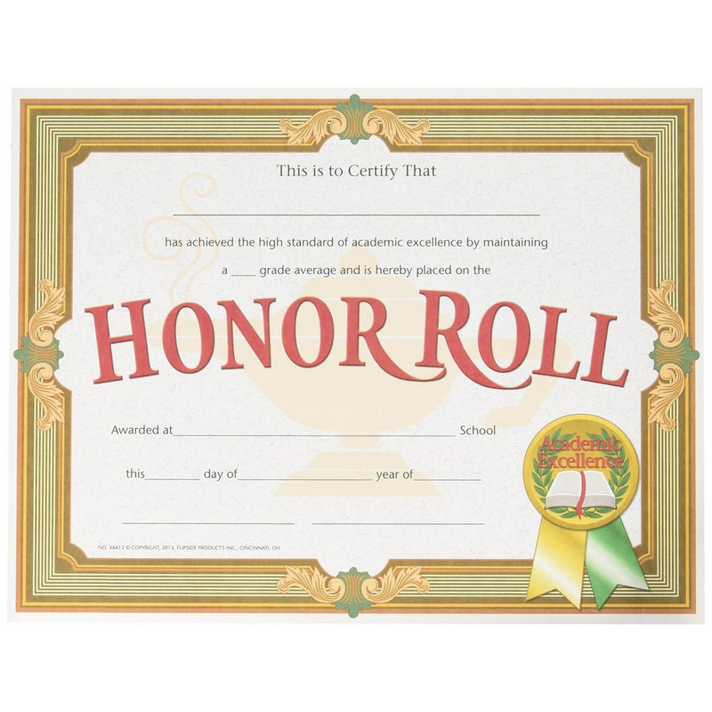 HAYES SCHOOL PUBLISHING VA612 Honor Roll Certificate, 8-1/2" x 11" Size, Paper, 0.1" Height, 8.4" Width, 10.7" Length (Pack of 30)