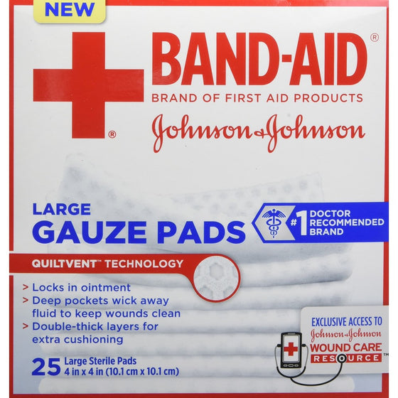 JOHNSON & JOHNSON Band-Aid First Aid Gauze Pads, 4 Inch x 4 Inch, 25 Count (Pack of 2)