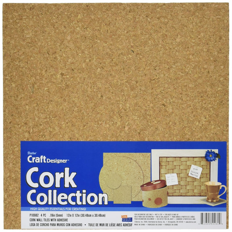 Cork Collection Adhesive Wall Tile, 12-Inch by 12-Inch by 5mm, 4/Pkg