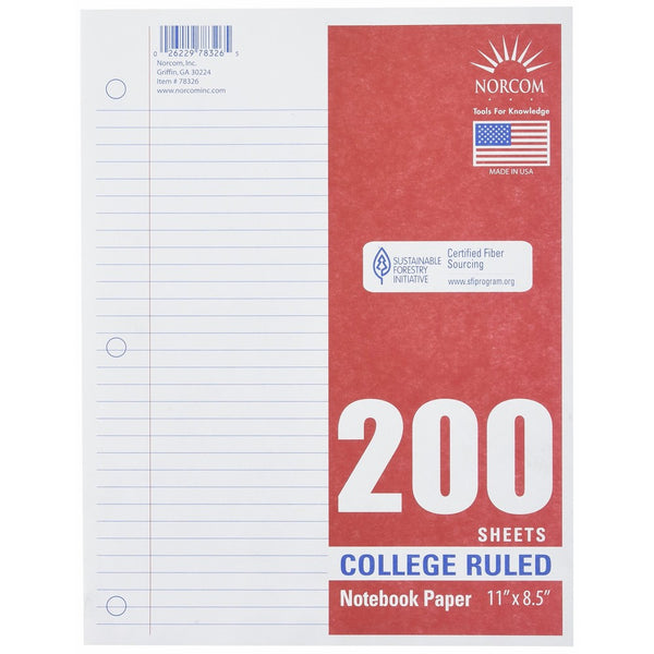 Norcom College Ruled Filler Paper, 11 x 8.5 Inches, 200 Sheets, White (78326-24)