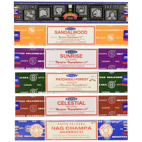 Set of 6 Nag Champa Sunrise Sandalwood Patchouli Celestial Super Hit by Satya