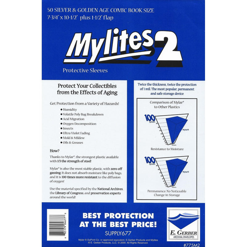 Mylites 2 Mil Comic Book Silver & Golden Age Size 7 3/4" x 10 1/2" Plus 1-1/2" Flap Pack of 50