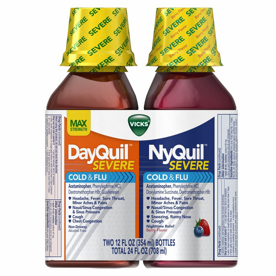 Vicks NyQuil and DayQuil SEVERE Cough Cold and Flu Relief Liquid, 12 Fl Oz, pack of 2