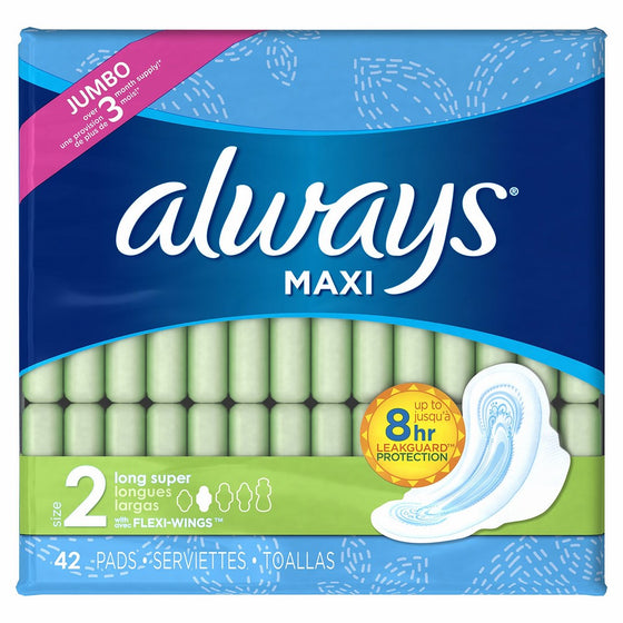 Always Maxi Size 2 Feminine Pads with Wings, Super Absorbency,Unscented, 42 Count (Packaging May Vary)