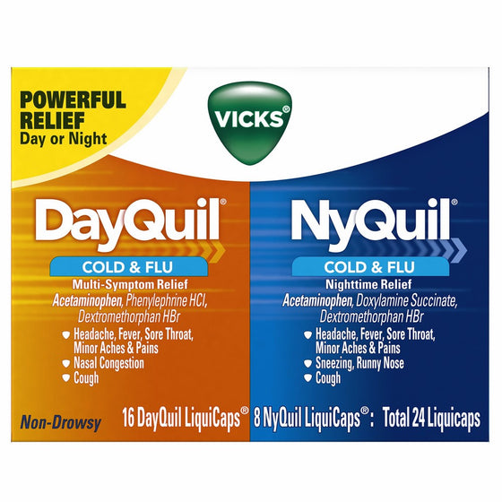 Vicks DayQuil and NyQuil Cough Cold and Flu Relief, 24 LiquiCaps (16 DayQuil 8 NyQuil)