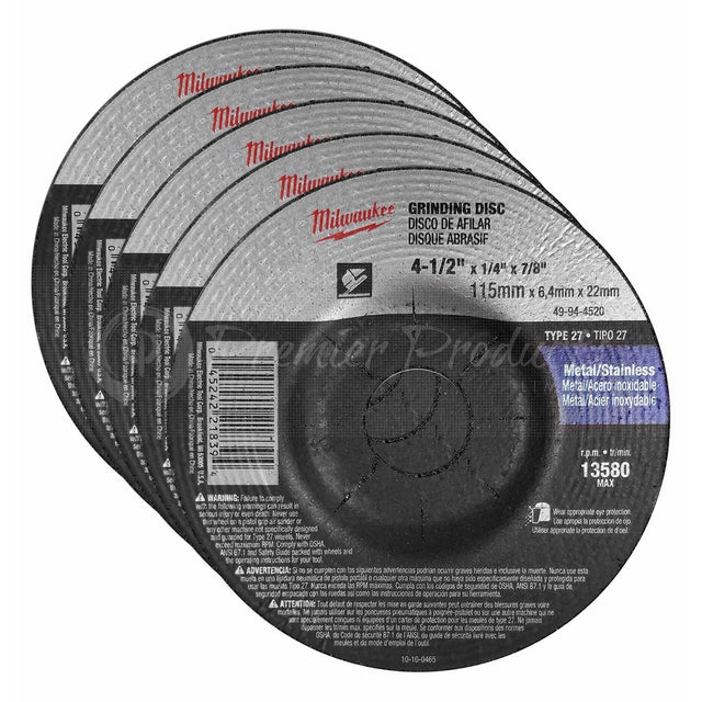 Milwaukee 5 Pack - 4 1 2 Grinding Wheel For Grinders - Aggressive Grinding For Metal & Stainless Steel - 4-1/2" x 1/4 x 7/8-Inch | Depressed