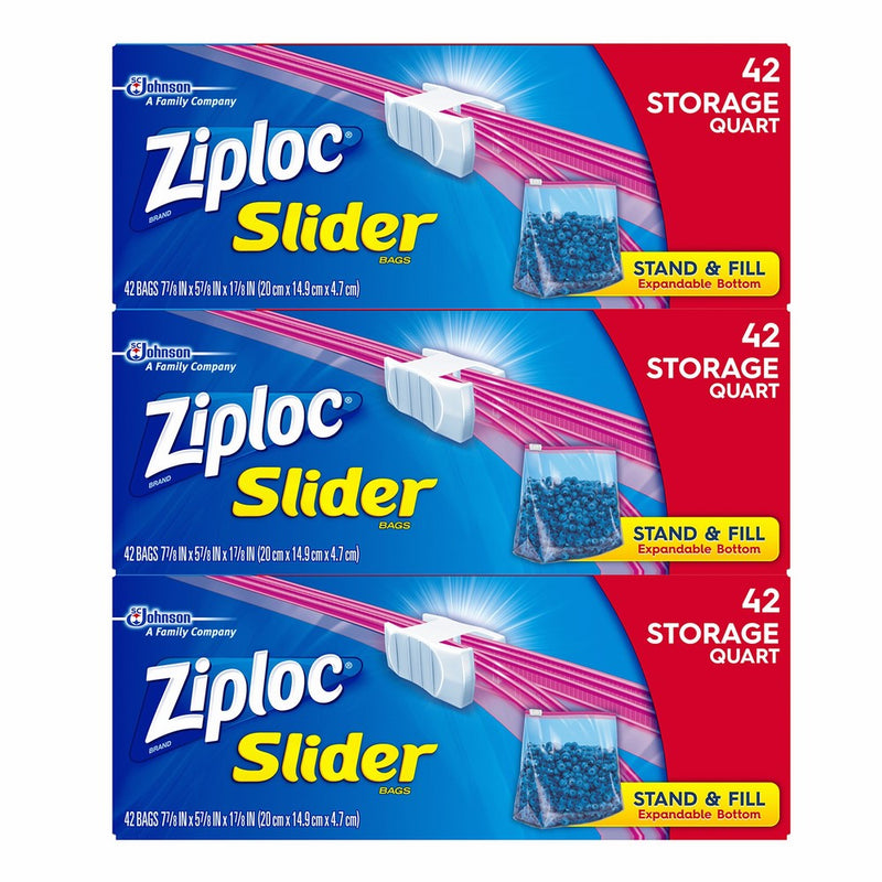 Ziploc Slider Storage Bags, Quart, 3 Pack, 42 ct