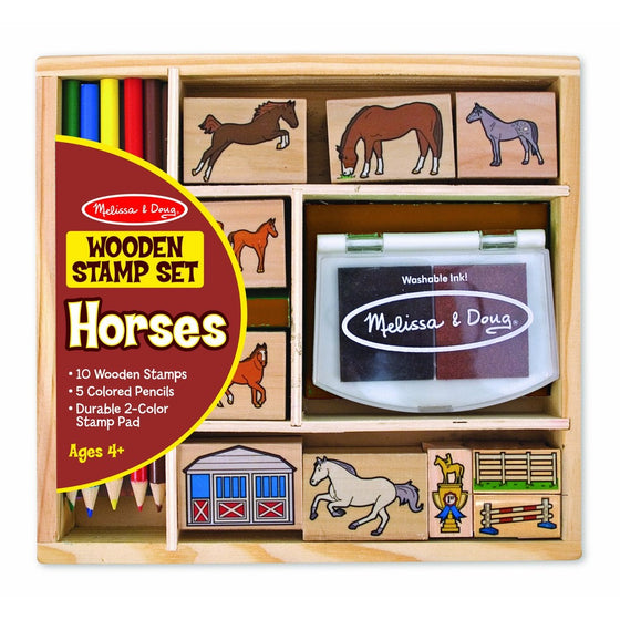 Melissa & Doug Wooden Stamp Activity Set: Horse Stable - 10 Stamps, 5 Colored Pencils, 2-Color Stamp Pad