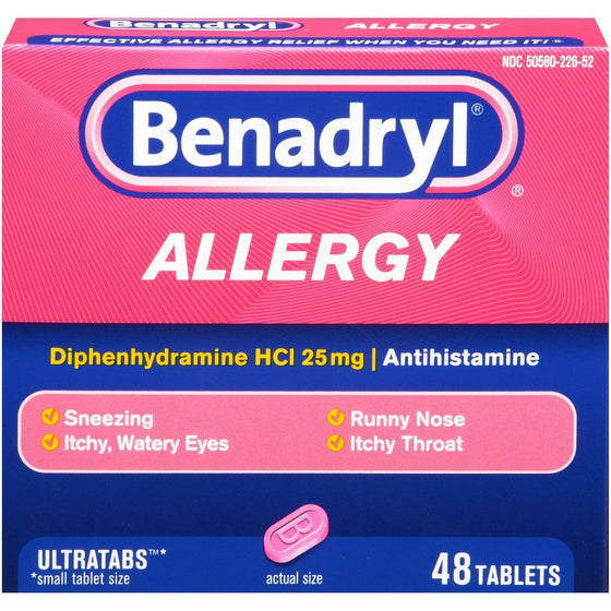 Benadryl Ultratabs Antihistamine Allergy Relief with Diphenhydramine HCl 25 mg, 48 ct